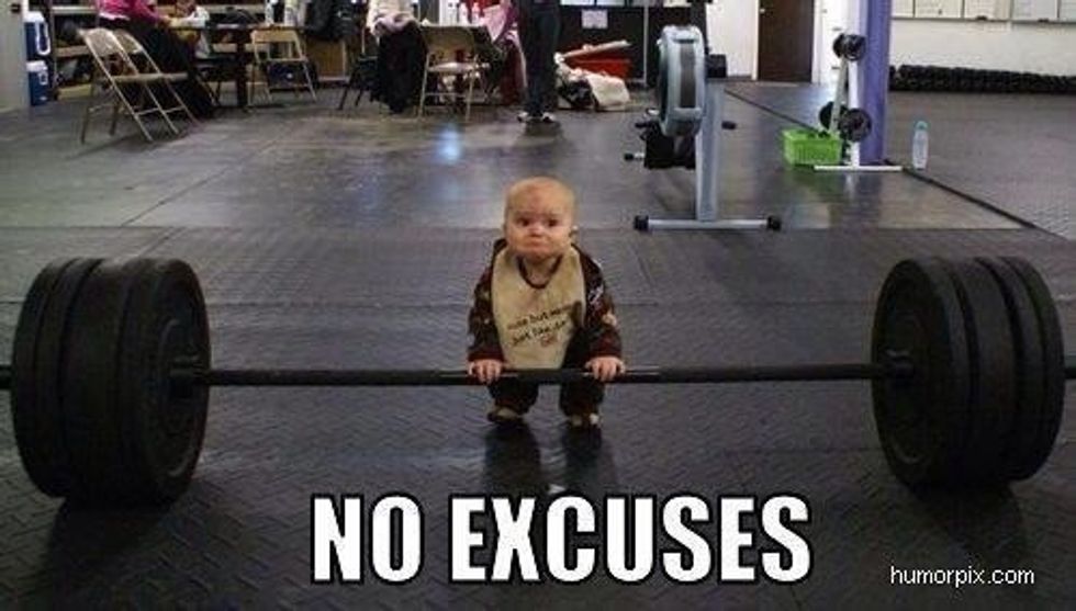 Can't make it to the gym do the following. 5burpees, 10push ups, 10squats, 10bent over rows, high knees 30seconds, 10bench dips, 10lunges, 10sit ups, plank 30seconds (complete in a circuit 3 times)