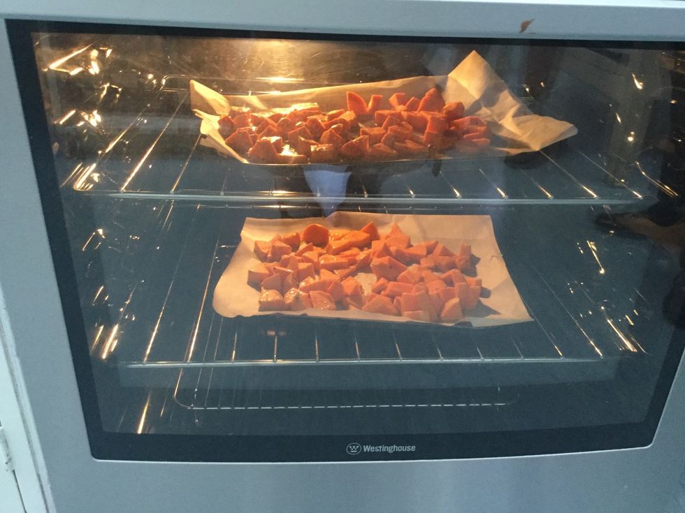 Caramelisation is the process that causes the sweet potato to brown. Caramelisation occurs when sugar is exposed to high temperatures and begins to decompose.