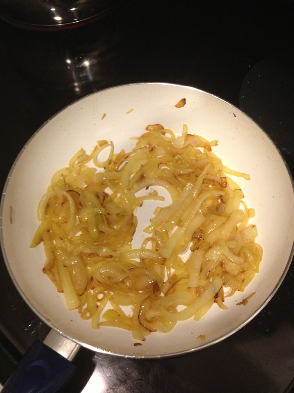 Caramelize onions in pan with oil. Low and slow is key here. If you put it on high it will burn.