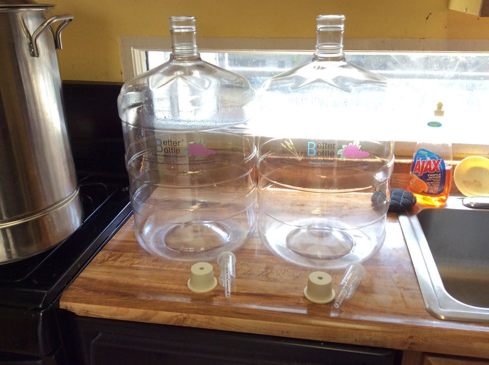 Carboys and airlocks. Most starter kits include fermenting buckets, glass carboys, or a combo. These are better. Glass breaks, as I found out during a previous brew. These are 3 piece airlocks.