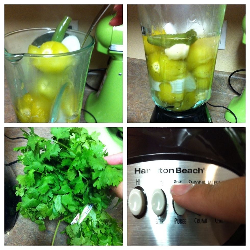 Carefully add all* of the vegetables to a food processor. Add some of the water from the pan. Add some fresh cilantro and puree. Be aware that it is hot!