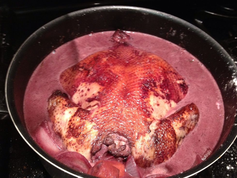 Carefully add the chicken back into the pot. Try not to splash the marinade!