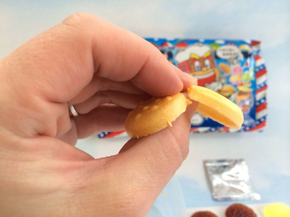 Carefully break Wafer Burger Buns to separate top and bottom bun