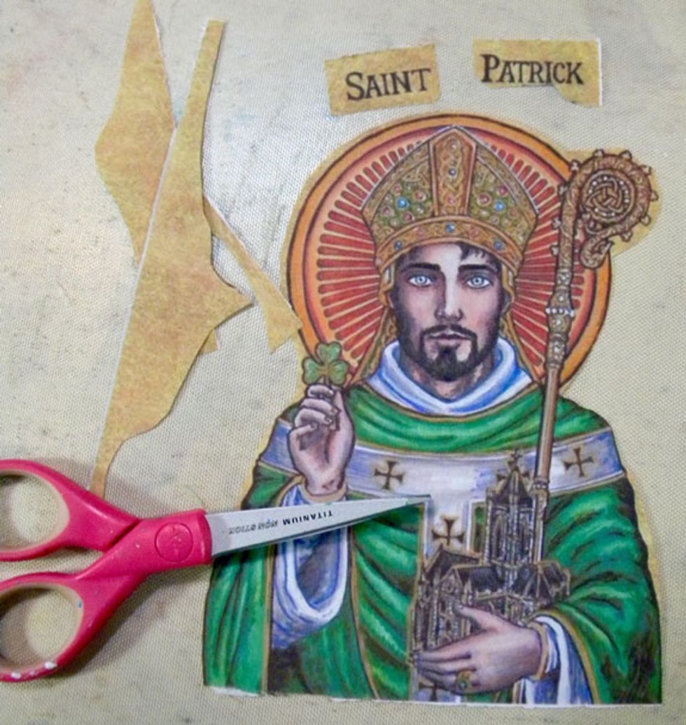 Carefully cut out the image of St. Patrick. I wasn't sure if I would use the "Saint Patrick" that came with the image, but in the end I used my own typed words.