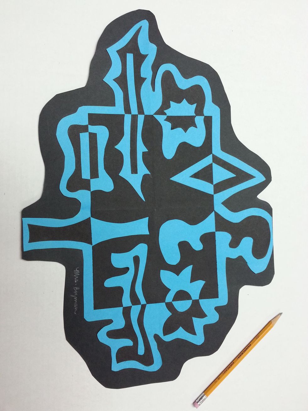 Carefully erase any pencil lines on your artwork. Sign your name and class along the bottom edge of your finished piece!