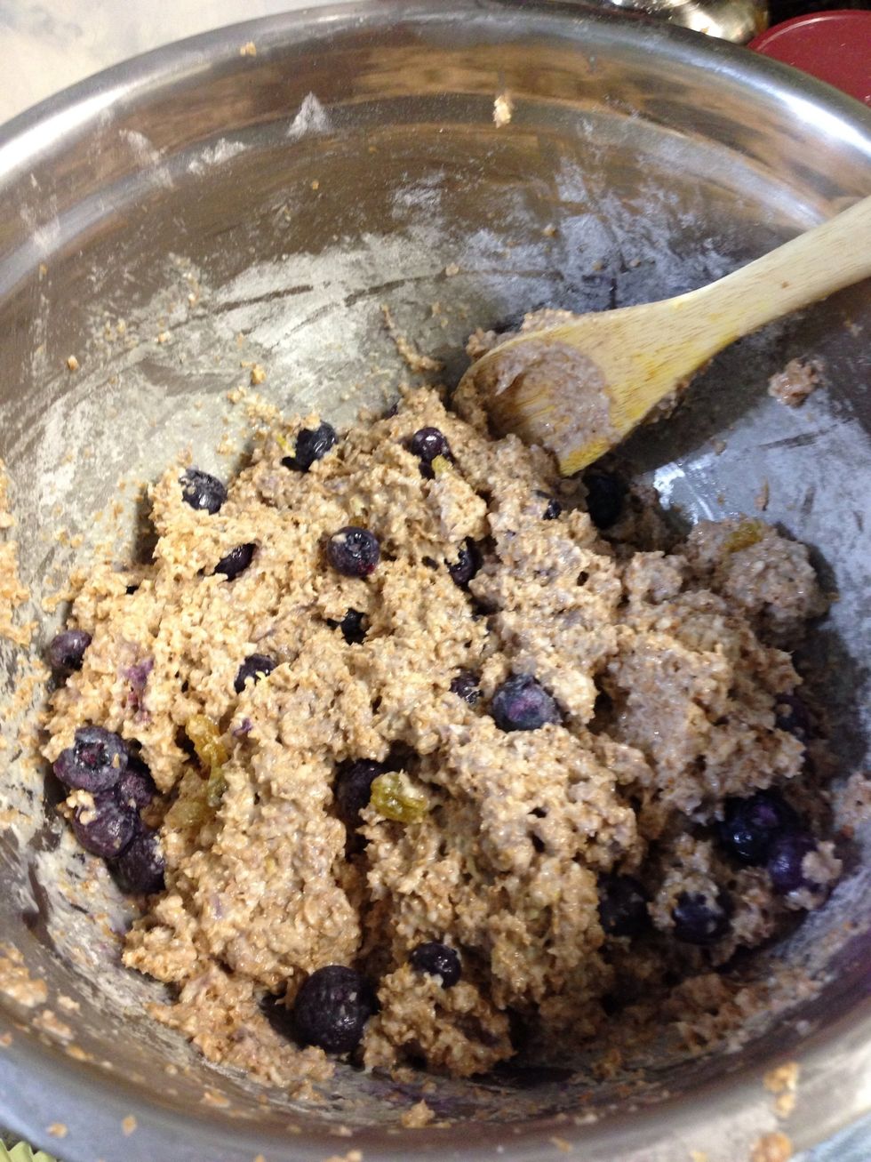 Carefully fold in blueberries. I also added in raisins which is optional. (My mom likes them!)