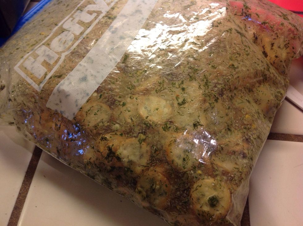 Carefully mix together, slowly turning from one side to the other, without crushing the crackers. Refrigerate for at least 24 hours, turning the bag every so often to keep the crackers coated.