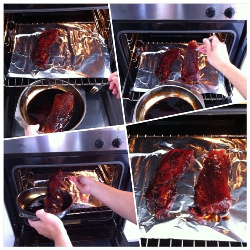 Carefully put pork loin into oven for about 20 minutes EACH side. After the first 20 minutes turn around the pork loin for the next 20 minutes.