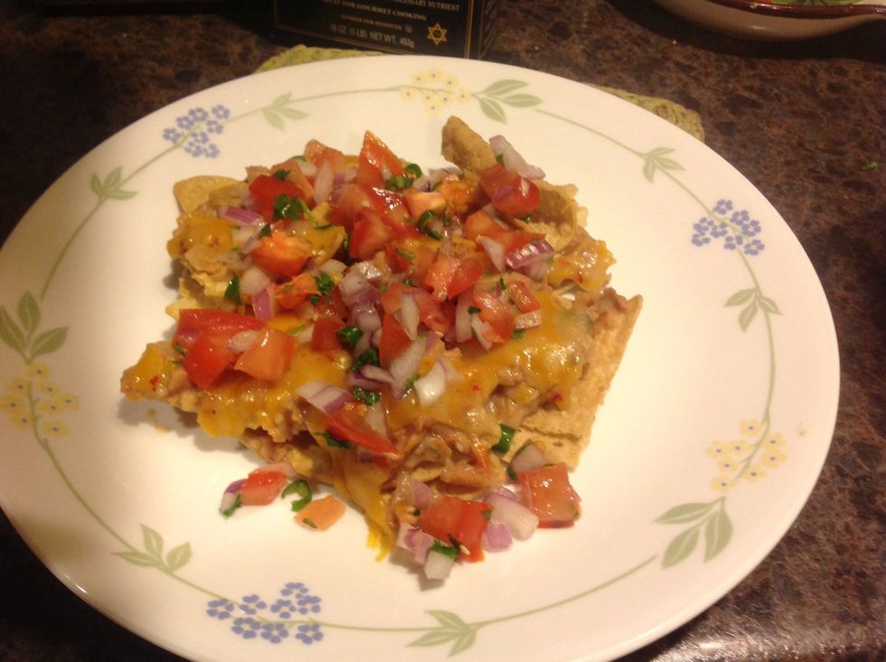 Carefully remove half of chips from pan and put on plate. I just made these for me, so it's small, but normally it would fill the plate. Add some of the salsa you made.