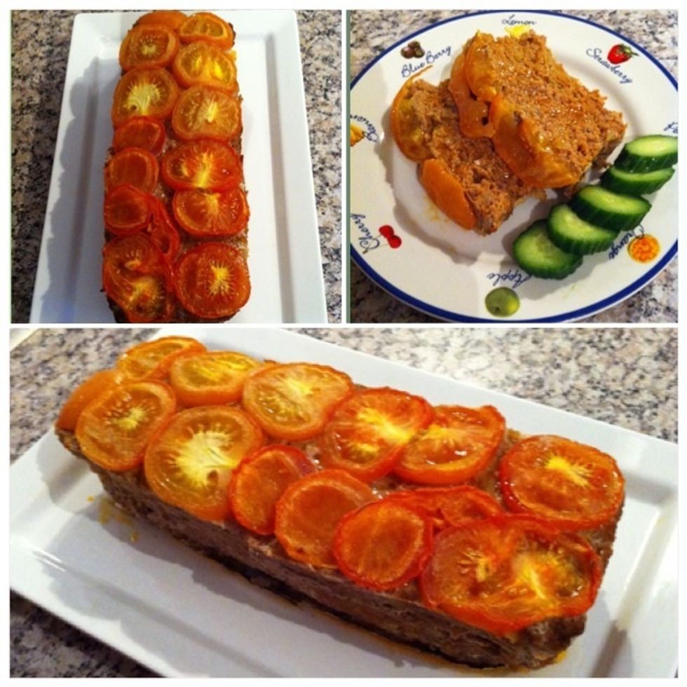 Carefully take meatloaf out of the baking tin and cut in to slices you prefer. Add some juice and serve with cucumber. Enjoy :d!!!
