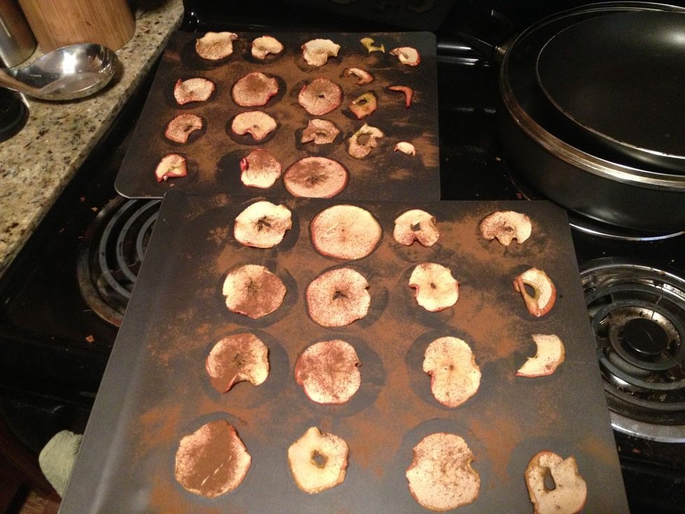 Carefully take the cooking sheet out if the oven and slowly remove the slices one by one. Place inside a bowl to to let dry out for some slices will not be completely dry.