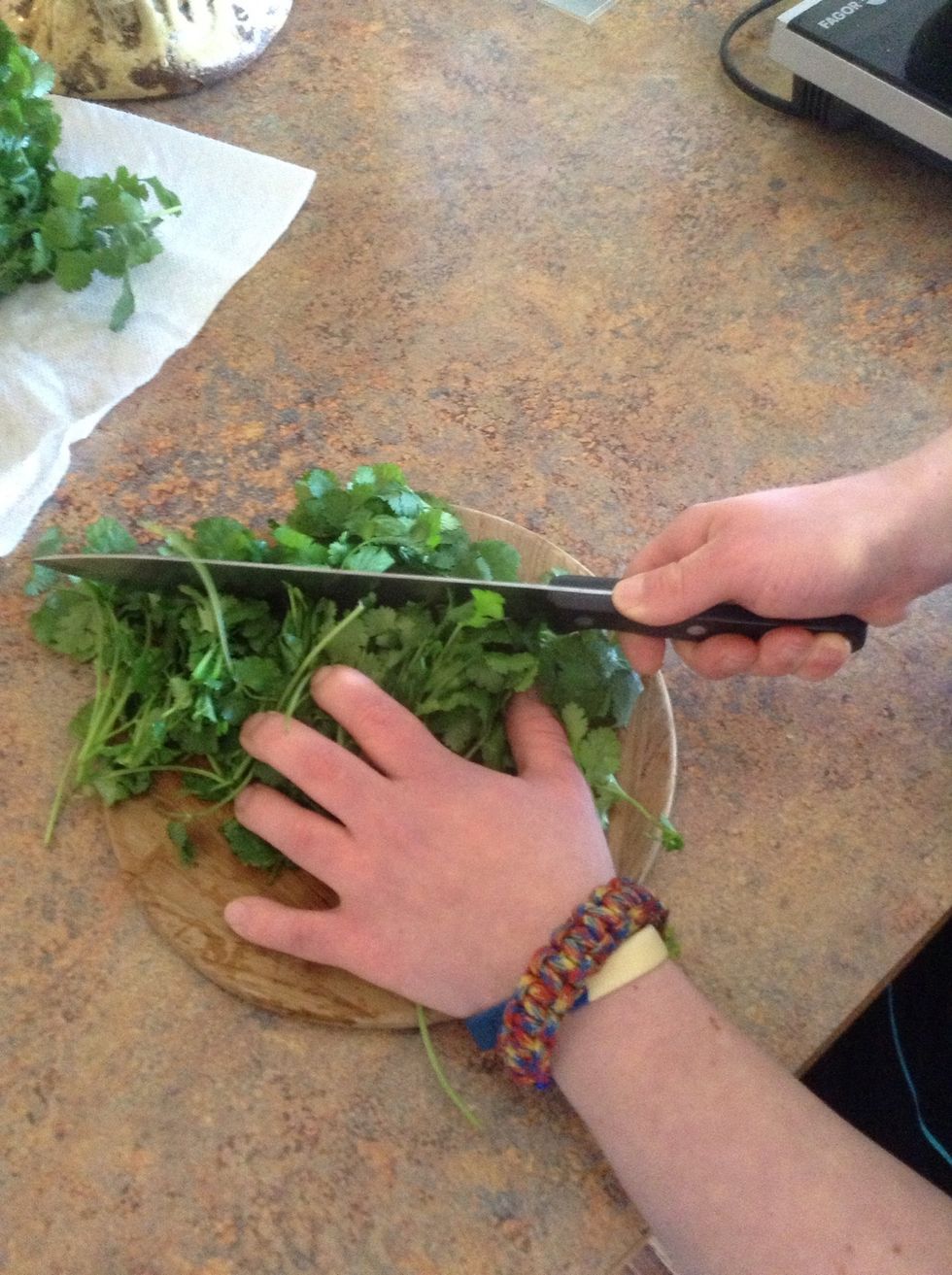 Carefully using cutting board and knife chop up the cilantro into small pieces