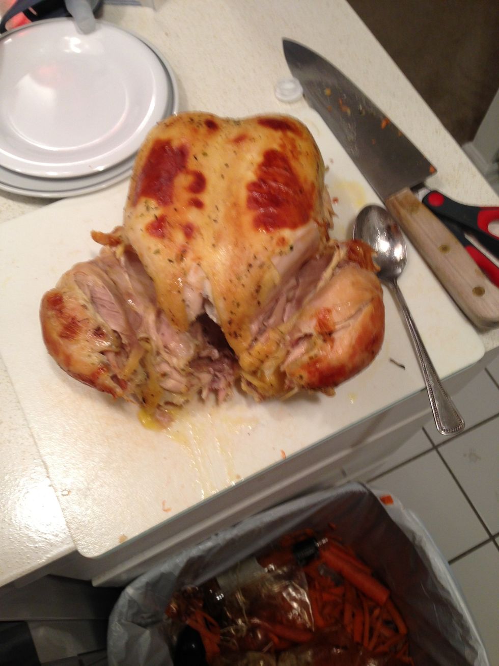 Carve away, discarding the nasty bits, skin, and fat. Try and get as much meat as you can from the bones. But don't worry you will get the rest later.