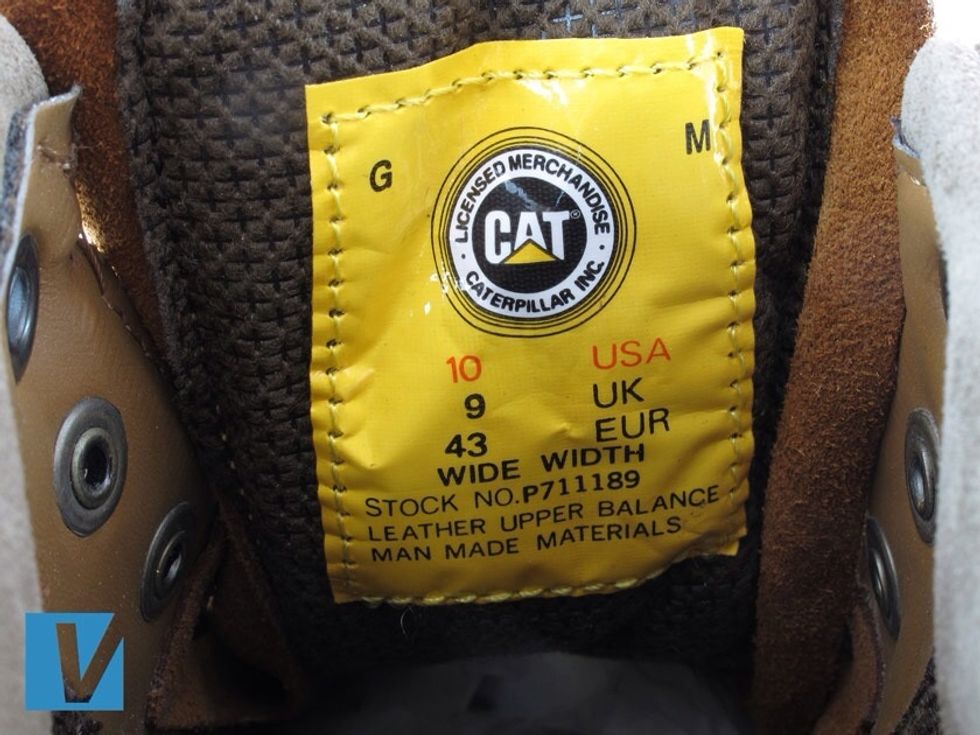 Caterpillar boots feature a label on the inside of the tongue. Check that the CAT logo, "Licensed Merchandise" should feature. Also, check that the details on the label match the details on the box.