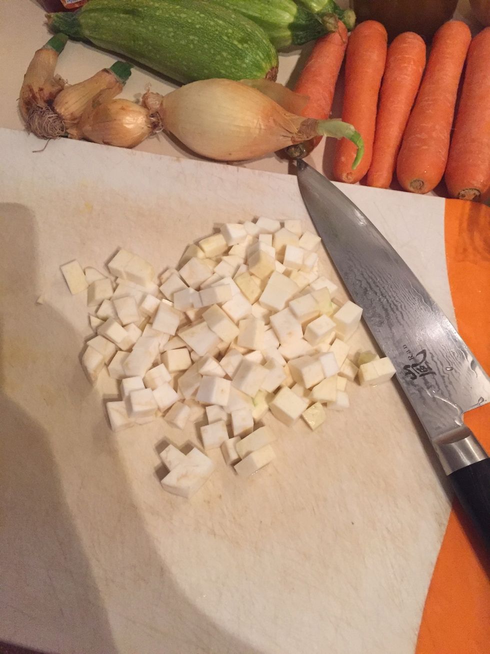 Celeriac, carrots and onions first