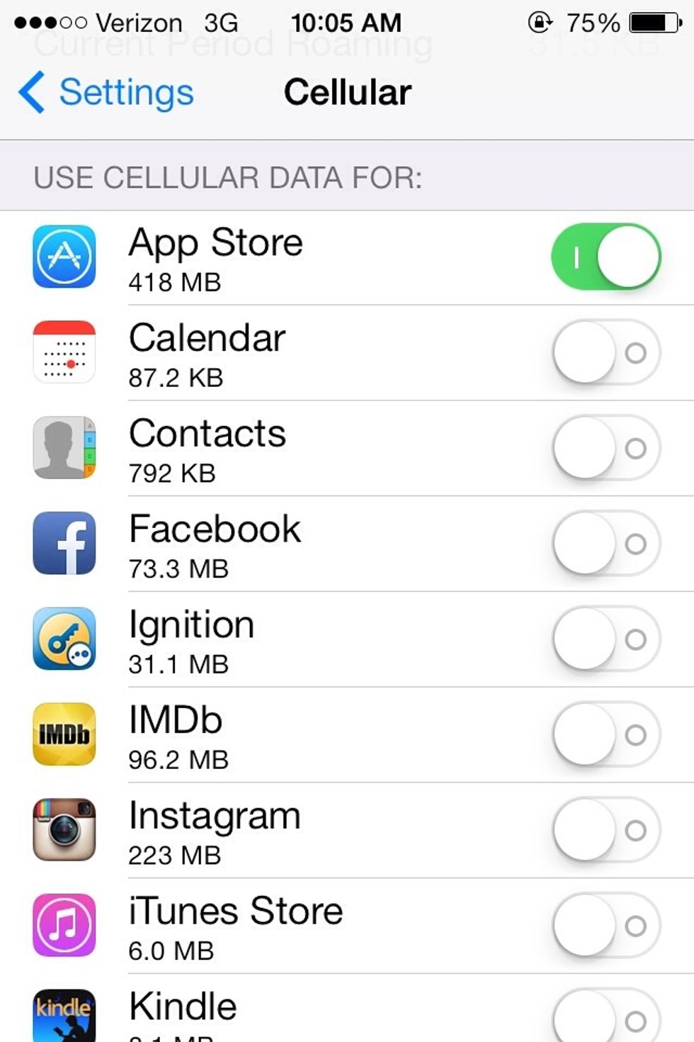 Cellular; When in Cellular, scroll down to your apps. To the right of each app, there is an on/off switch. This switch turns on/off data connected to the app. Turn off data for apps you don't use.