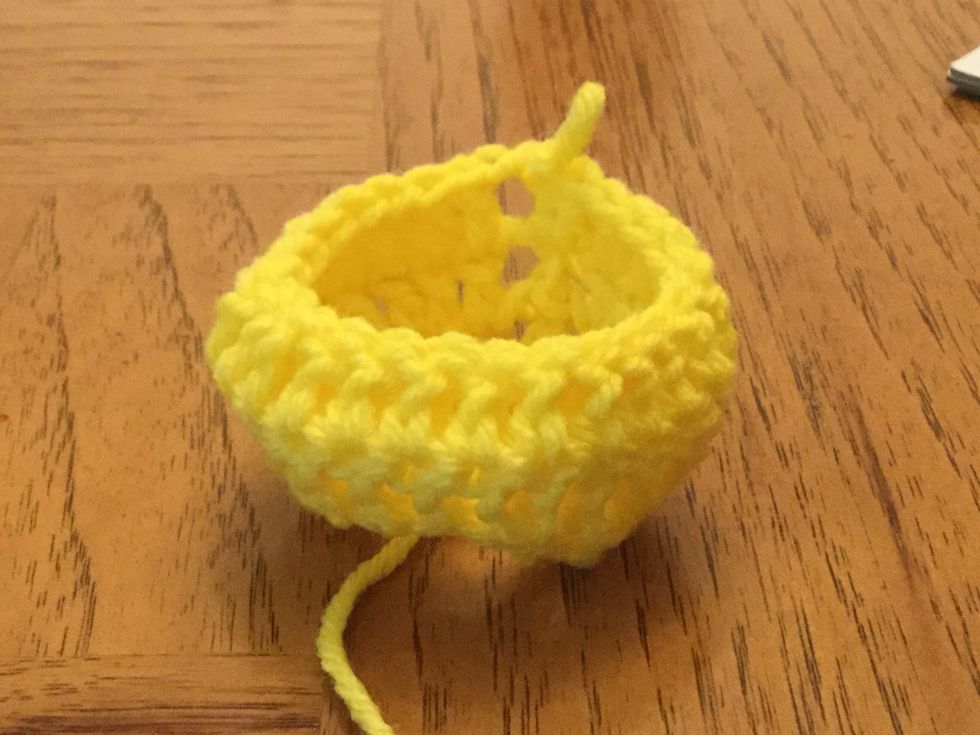 Chain 3 to created first DC and DC in top of each of the DCs. Slip stick through chain 2 of chain 3 to finish row.