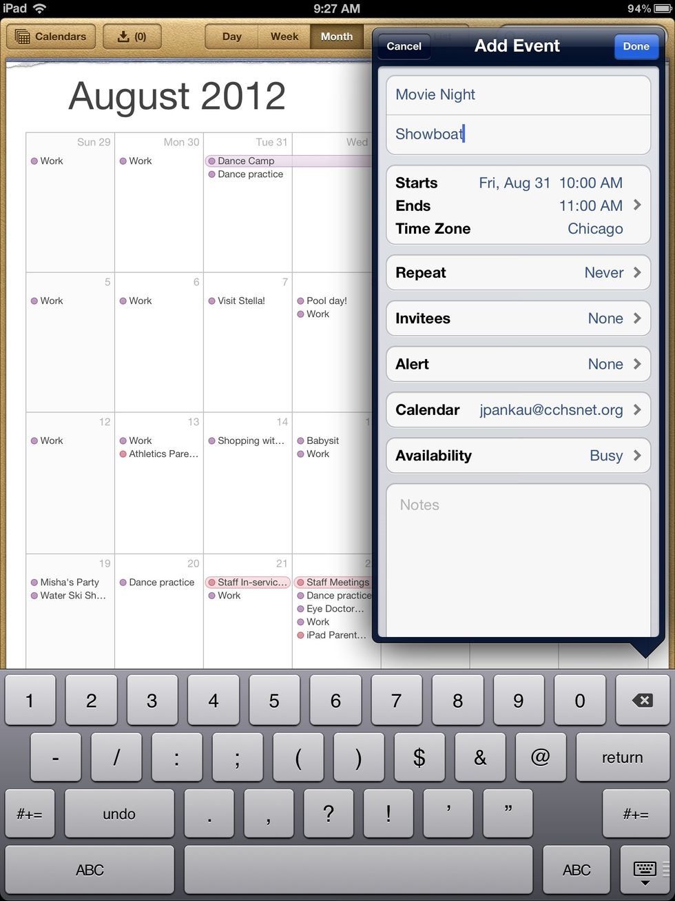 Change location by tapping on Location and typing in the location, such as Showboat. To edit the day and times, click on the start and end box.