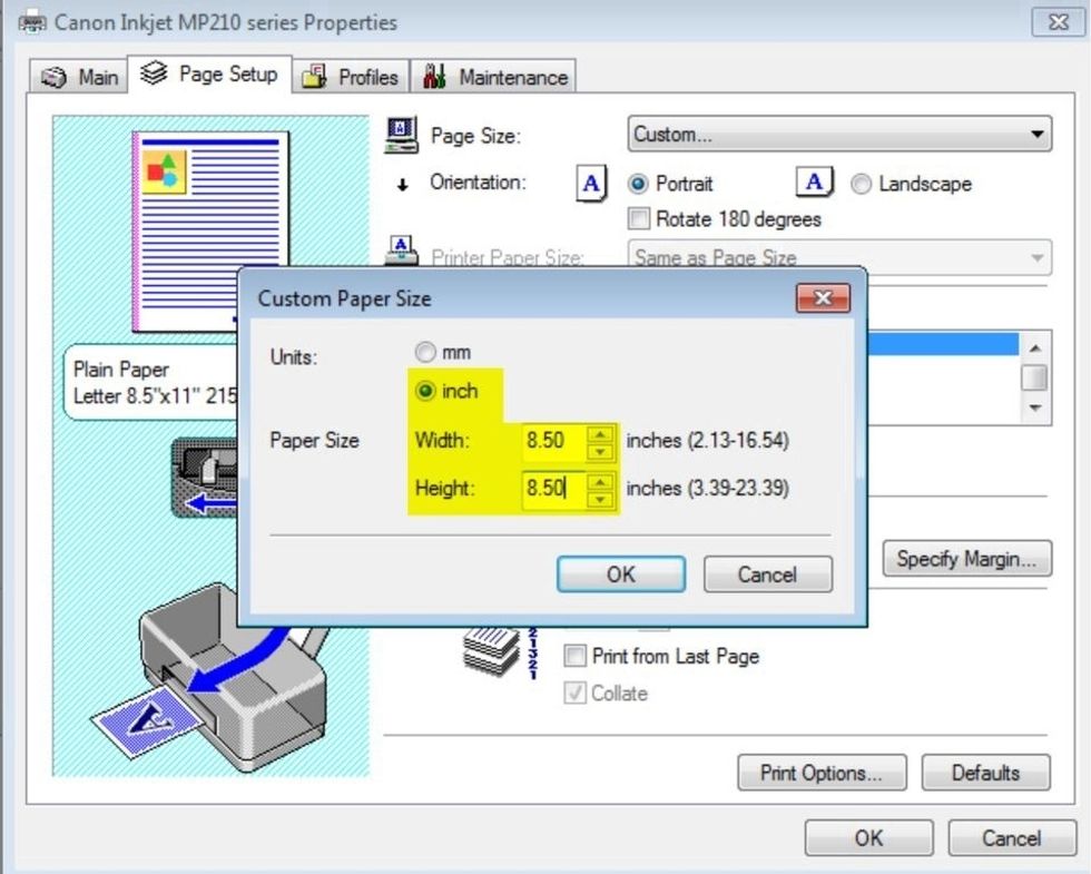 Change the paper size to 8.5" x 8.5". Then click "OK" and then "OK" again. Then press Print!
