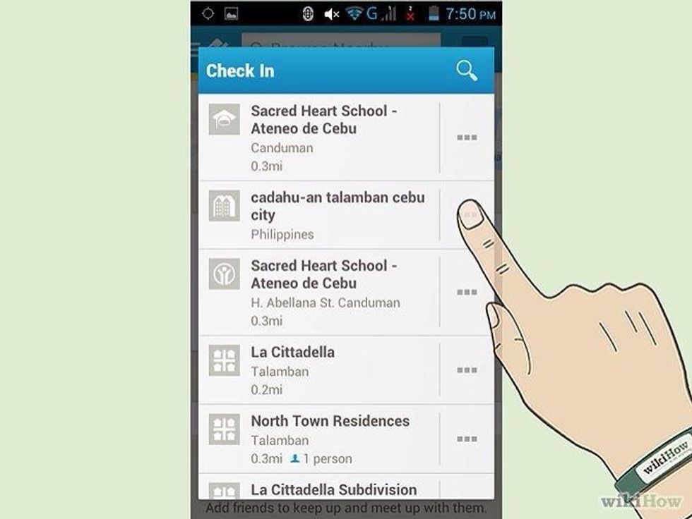 Check-in: tap 'Check In' button in the home screen to either check into the venue you're at or to peruse nearby places.  Tap the place you're at, add text, mentions for others, or photos as you wish.