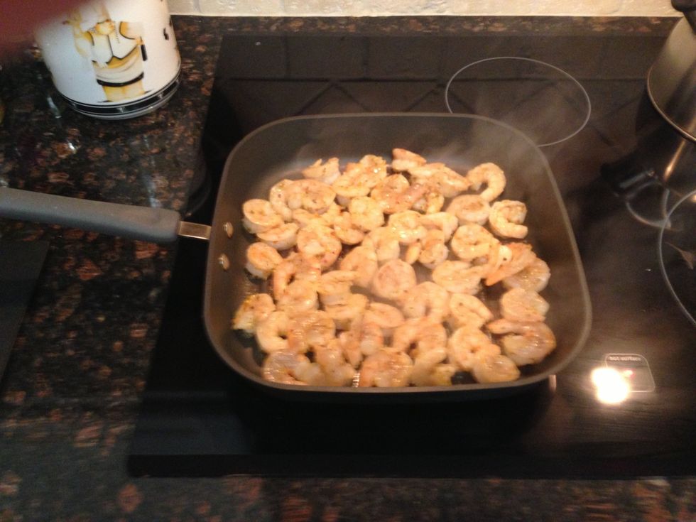 Check on the Shrimp. They will be pink, toss / turn to cook other side for additional minute. Total cook time 5 minutes in hot grill pan. .