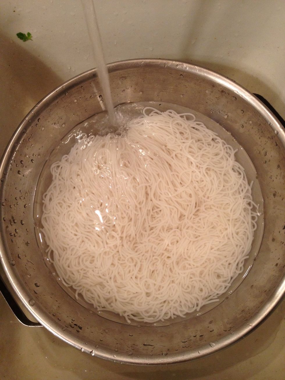 Check on your noodles btw! Mine were done after 10 min. Rinse under cold water to stop cooking and set aside in colander and let it drain.
