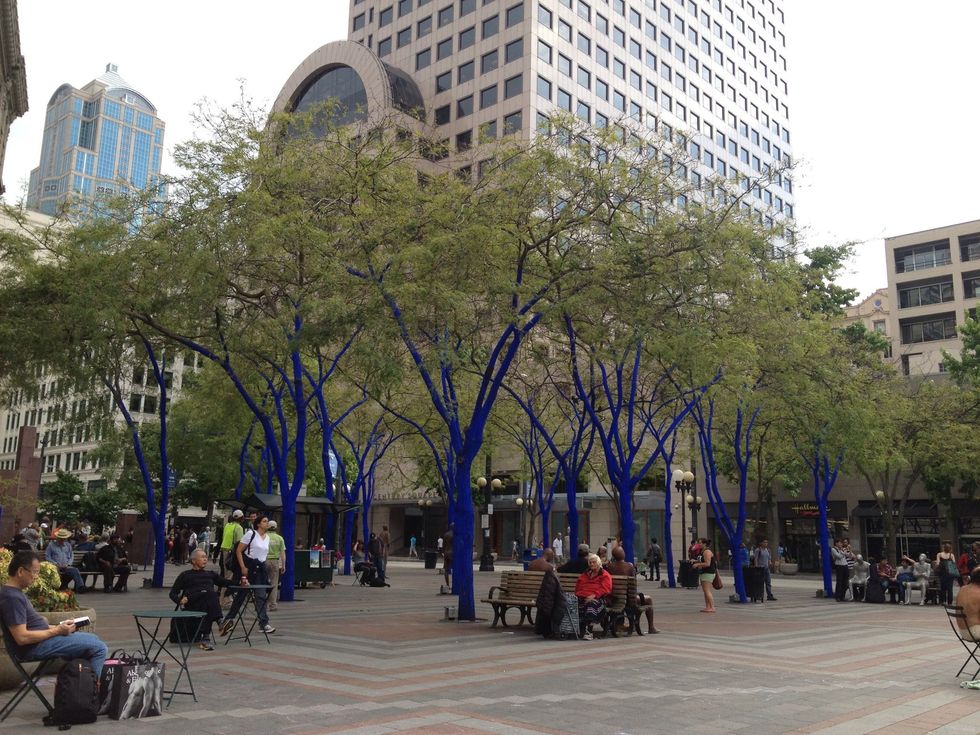 Check out the downtown shopping and parks at the Westlake Center. The blue trees are supposed to represent the cities "green" efforts.