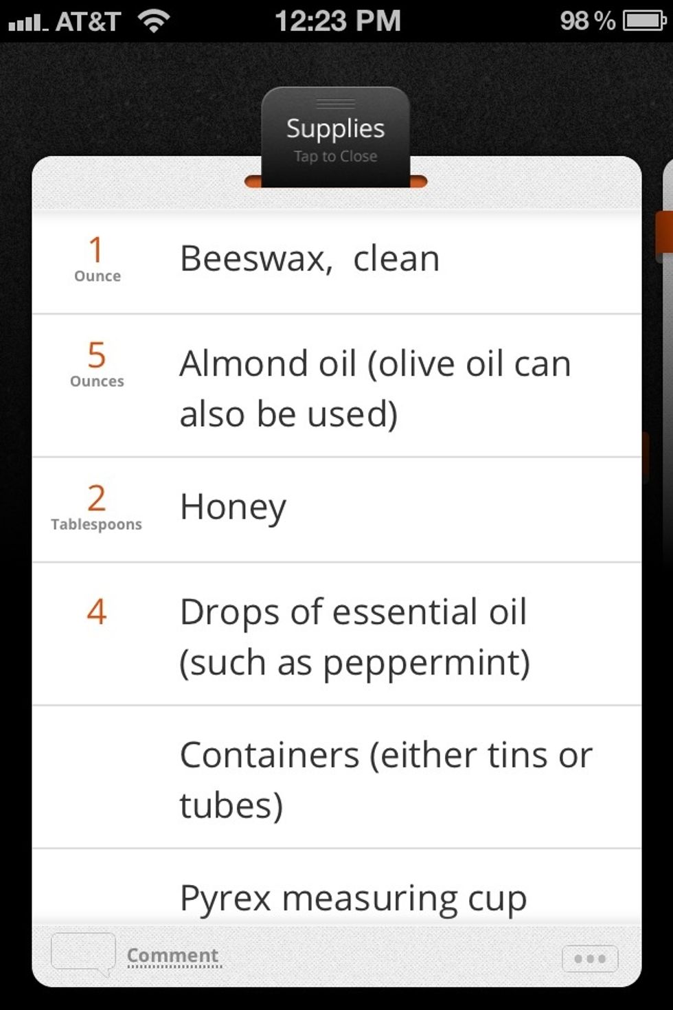 Check out the supplies navigation tab, which you access with a swipe up from the bottom of the screen. Appreciate the pop-over tab as a clever way to hide and reveal what you need for the how-to.
