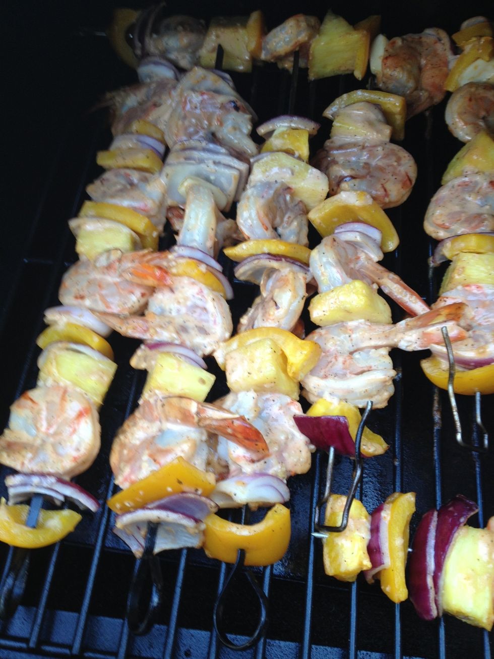 Check prawns after about 10 minutes if on medium or 15 if on smoke. Turn skewers when prawns are redish