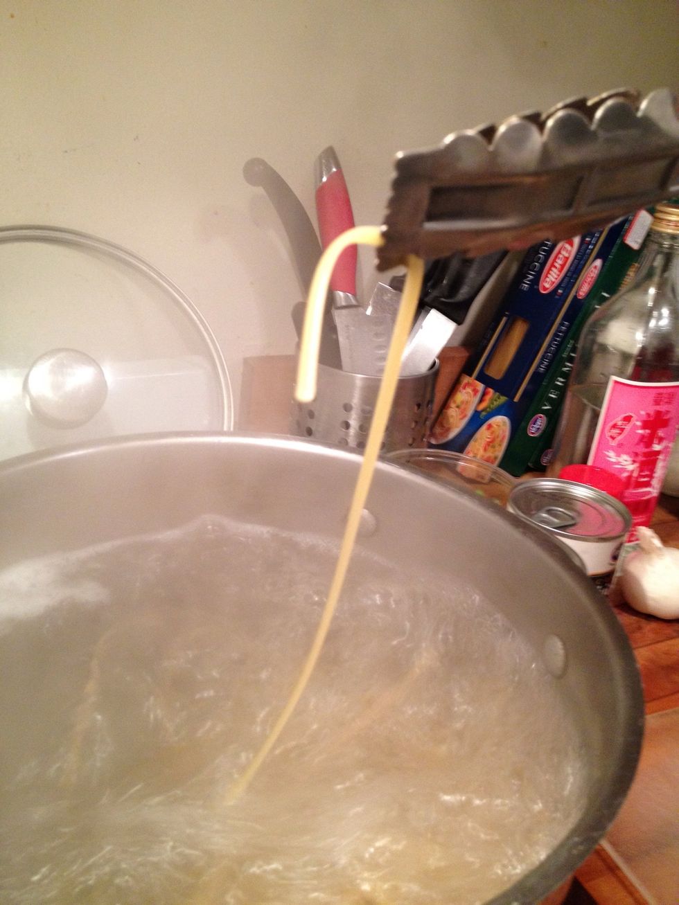 Check the pasta for doneness.  It should be still slightly chewy.  See my Alfredo linguine guide for more about cooking the pasta.