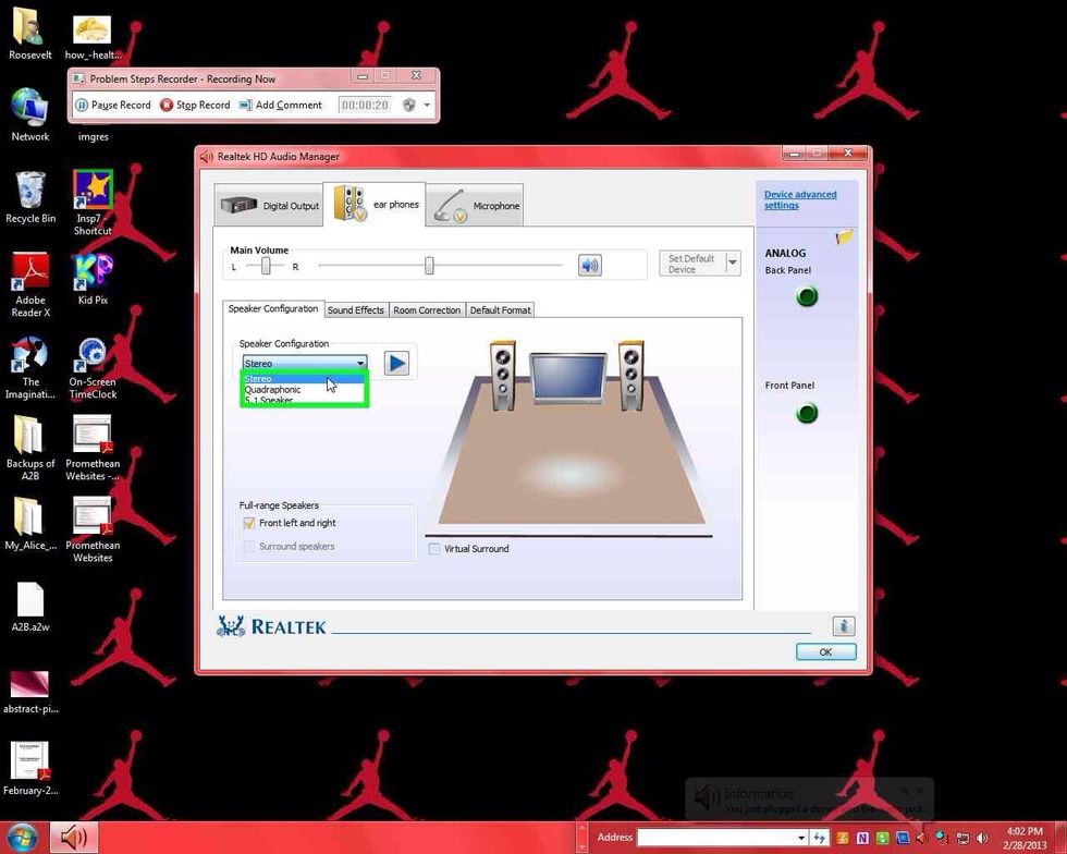 Check the speaker configuration. Check that Stereo is selected.
