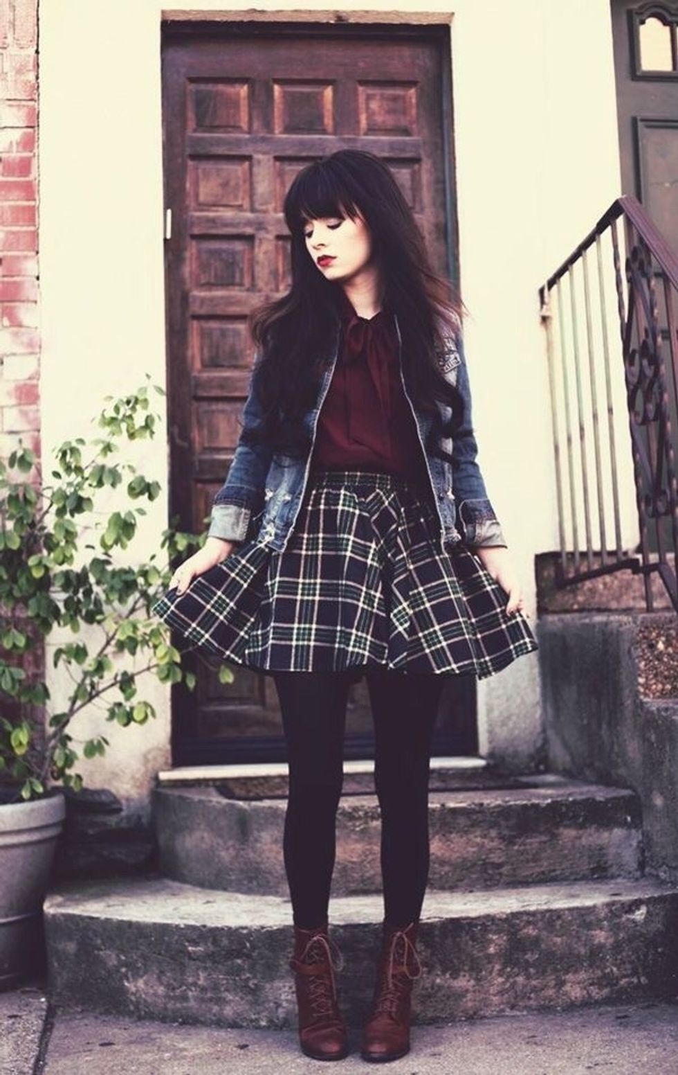 Checkered mini skirt with denim rocking jacket\u270c\ud83c\udffb\ufe0f