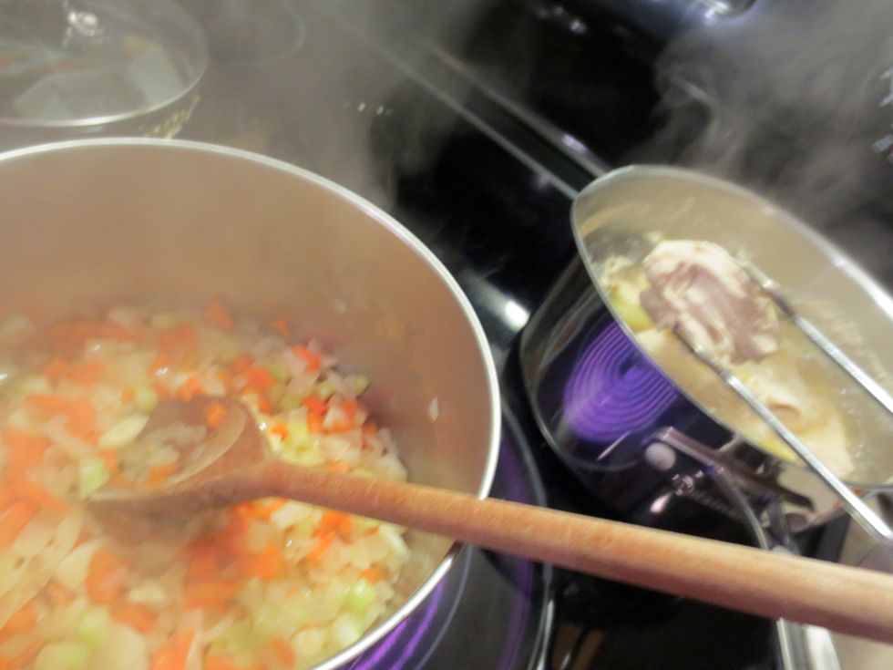 Checking the progress of the chicken, we want it cooked through, no pink in the middle. The veggies are almost done too. If using fresh garlic add it to veggies halfway through cooking about 10 min