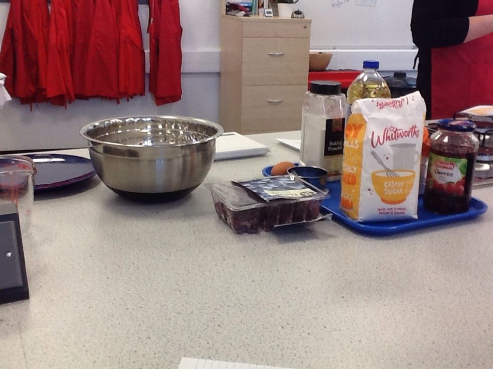 Cherries syrup,caster sugar,vegetable oil,baking powder, one egg,blueberries,milk,flour