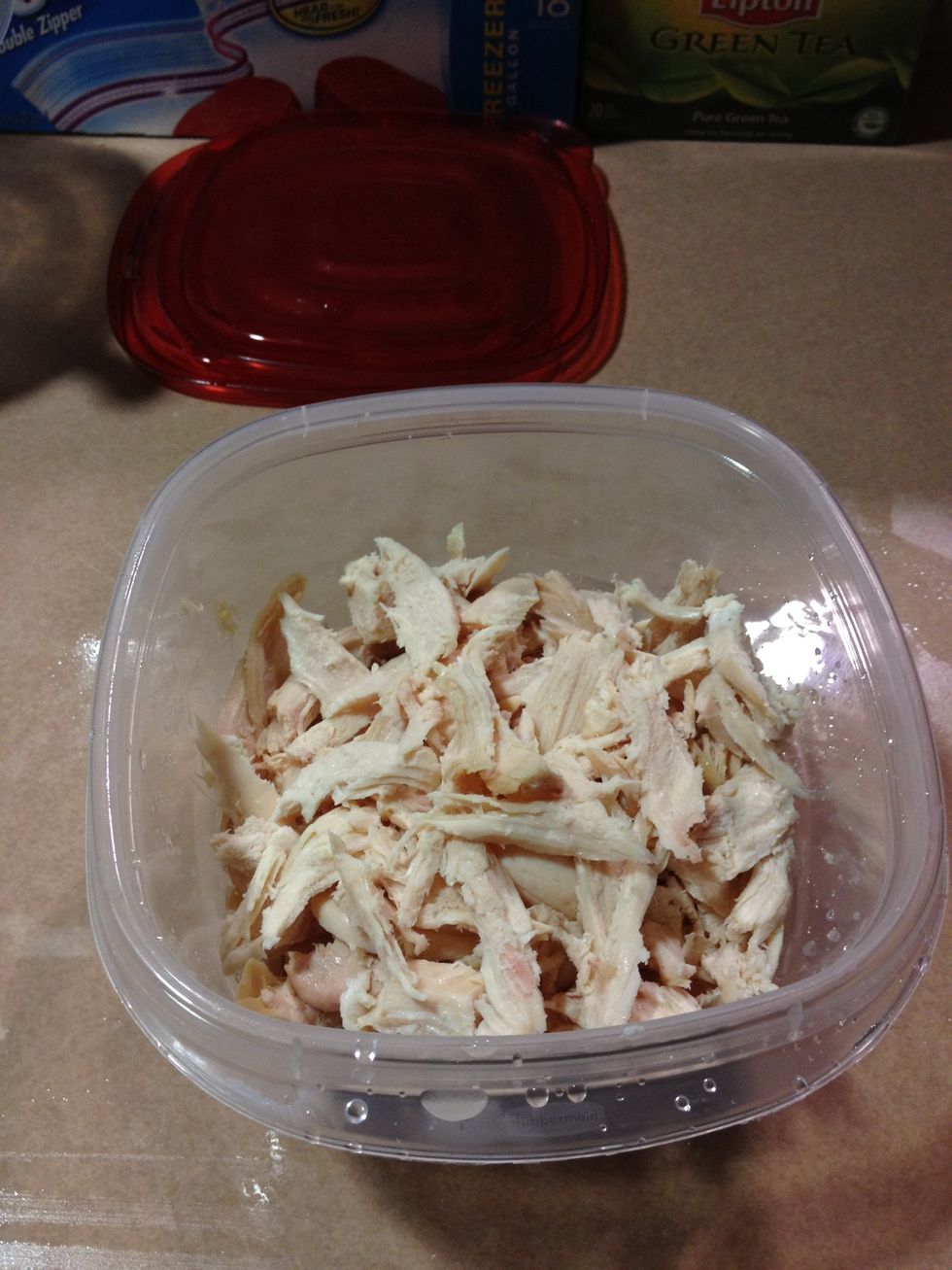 Chicken, also leftover from last nights dinner. I use rotisserie chicken because I live in barracks and don't have an oven =(