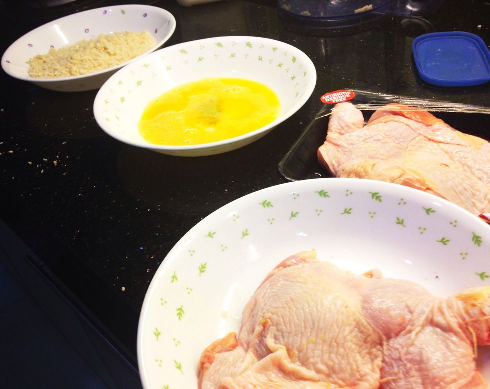 Chicken breast is the usual choice, you could use that but I prefer this. Anywho, make a line up of the chicken, egg and breadcrumbs so it'll be easier and we can avoid cross contamination \ud83d\ude0a