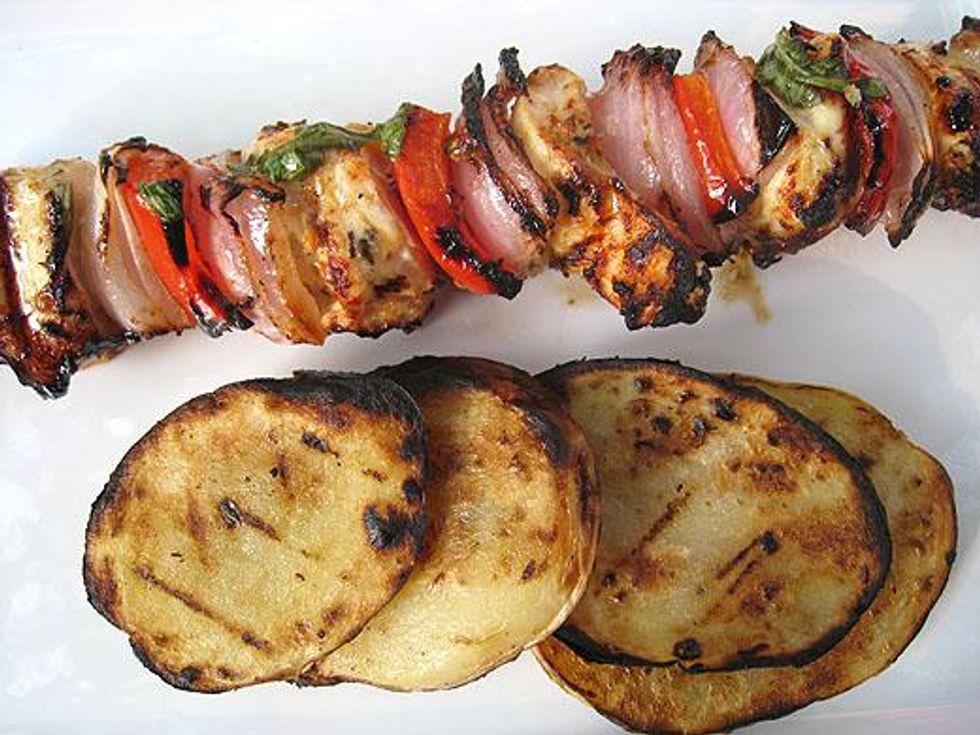 Chicken Kebabs and Grilled Vinegar Potatoes