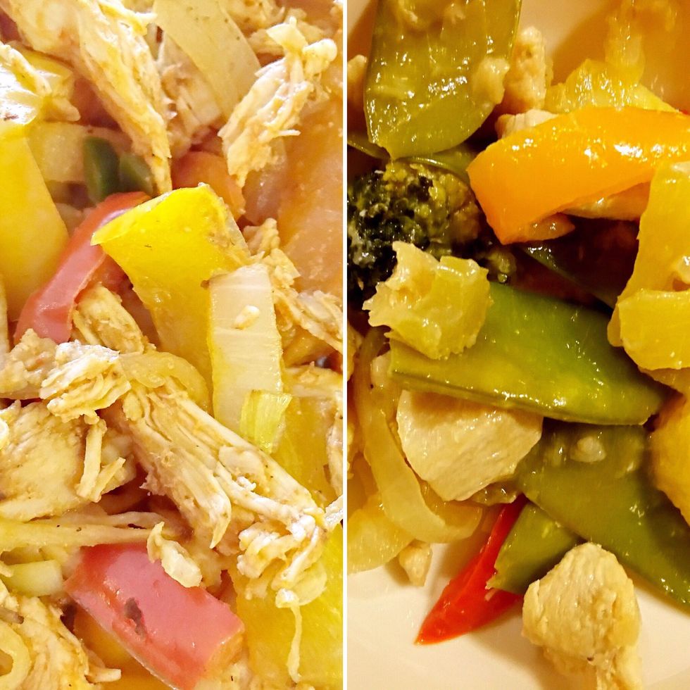 Chicken, onion, pepper, spinach or chicken, broccoli, pepper, snow pea, onion, pineapple? Experiment and try new veggies; sparingly at first.