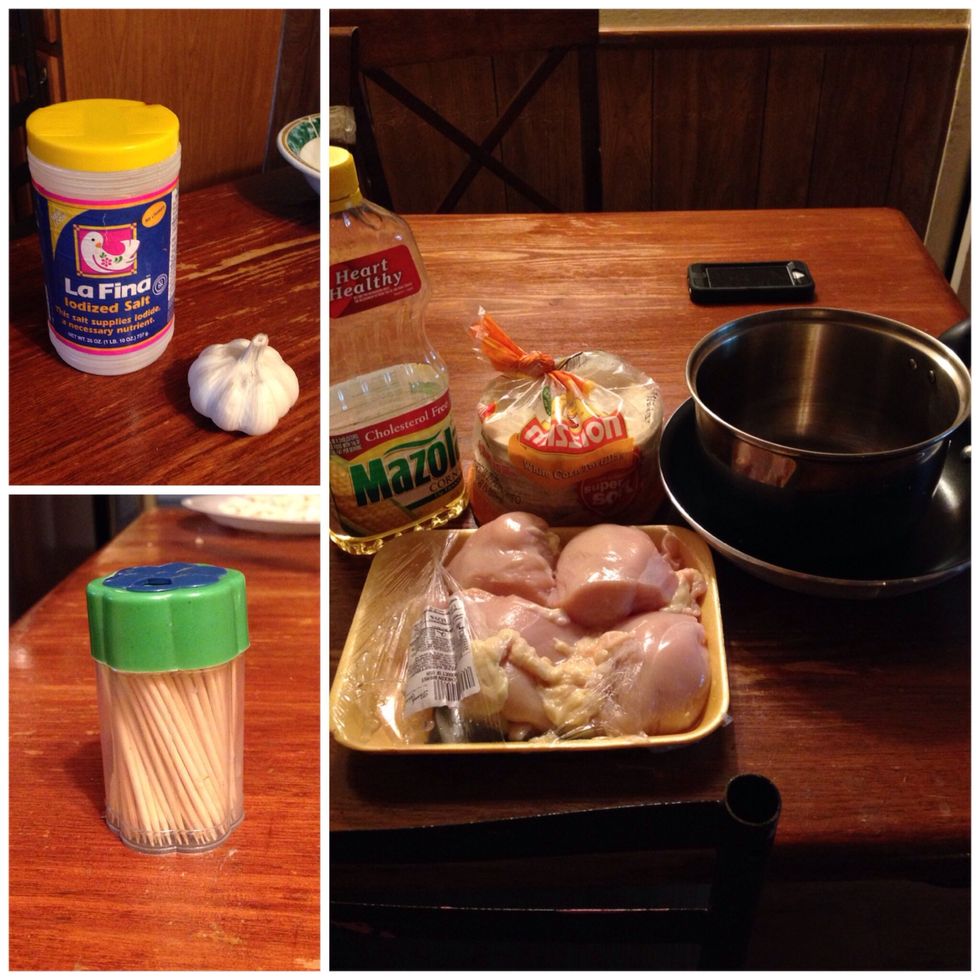 Chicken Tortillas Pan Pot Olive oil Garlic Salt Toothpick