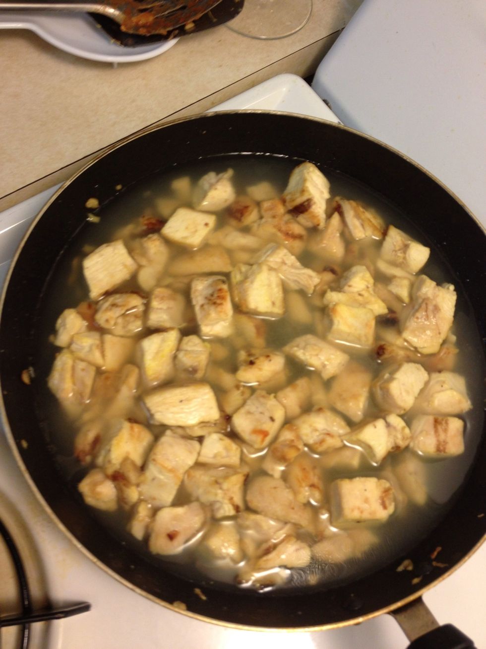 Chicken was a little dry so we added broth and let it simmer more & soak it all in. You can do this over heat or marinate over night.