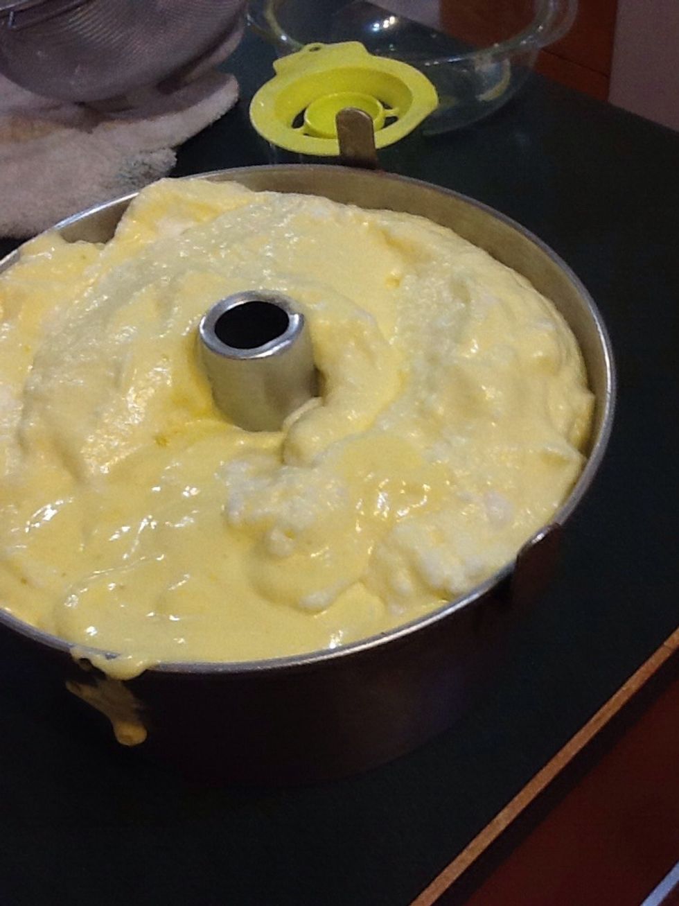 Chiffon  cake form pan before going on oven 350degree for  one hour