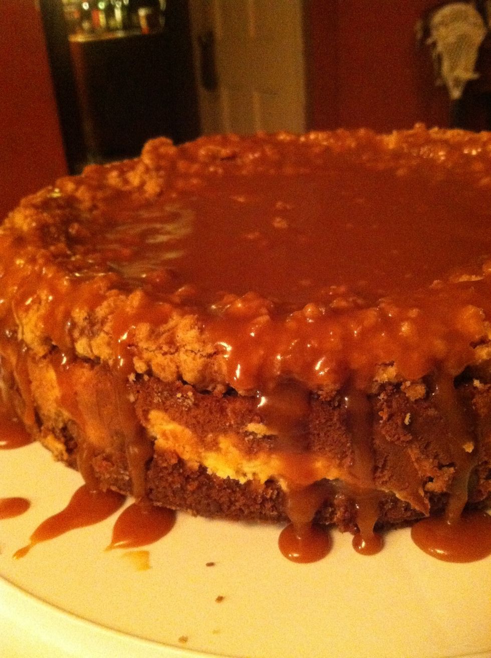 Chill over night then remove from pan and pour caramel sauce over top.
