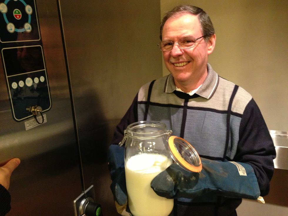 Chill the milk until it is 115F (46C). We used an Alto-Shaam quick chiller but you can just leave it on the counter if you don't have a chiller.  It will just take longer.