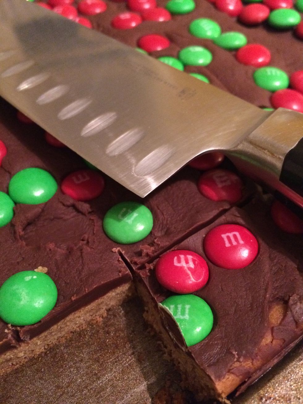 Chill to finish setting/hardening the fudge, then cut into small squares.  A very sharp knife works best.  This is very rich, calorie heavy stuff, so small is definitely the way to go!