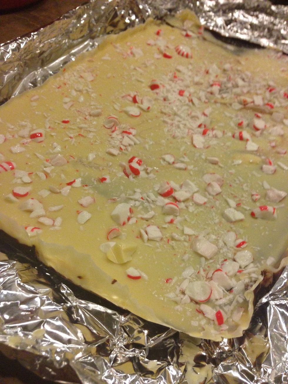 Chill until both layers firm. Lift foil out pan and shake off excess candy. Break into pieces, you can cut into bars, but I prefer breaking it. Chill in covered container.