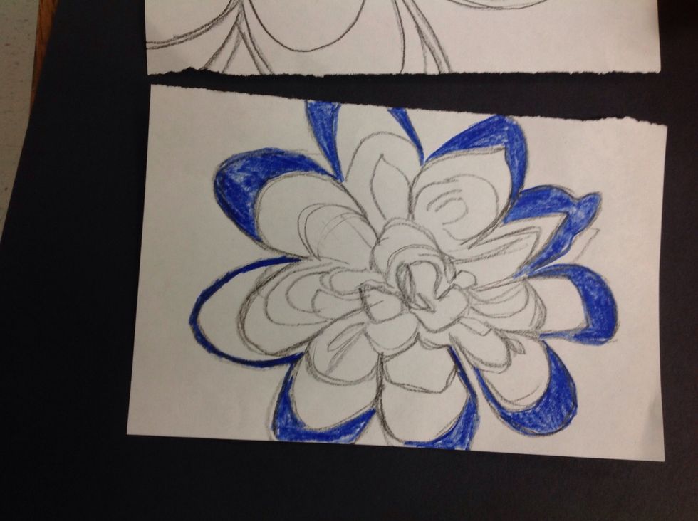 Choose 3 colors to work in. Only 3! I chose red, yellow and blue for the sample drawing.