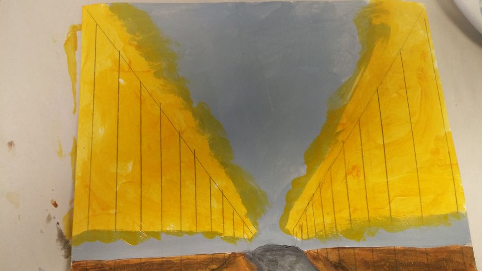 Choose a base color for the leaves, whatever color would be a good base to layer on top of. For fall I chose a rich yellow. Paint this in every part that will be the leaves.