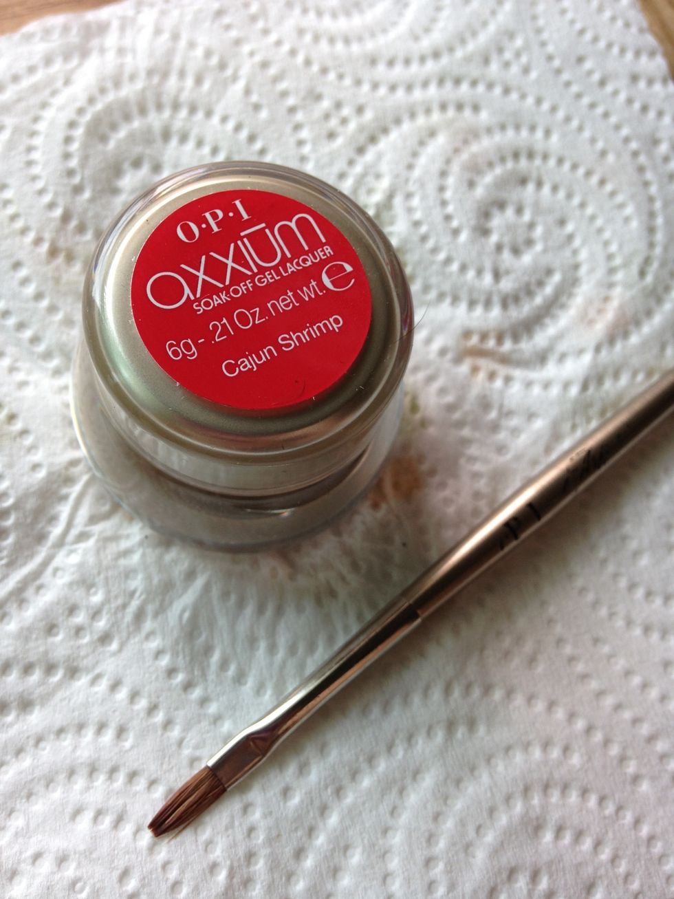 Choose a color and apply gel lacquer... (I'm using OPI axxium "Cajun Shrimp")!