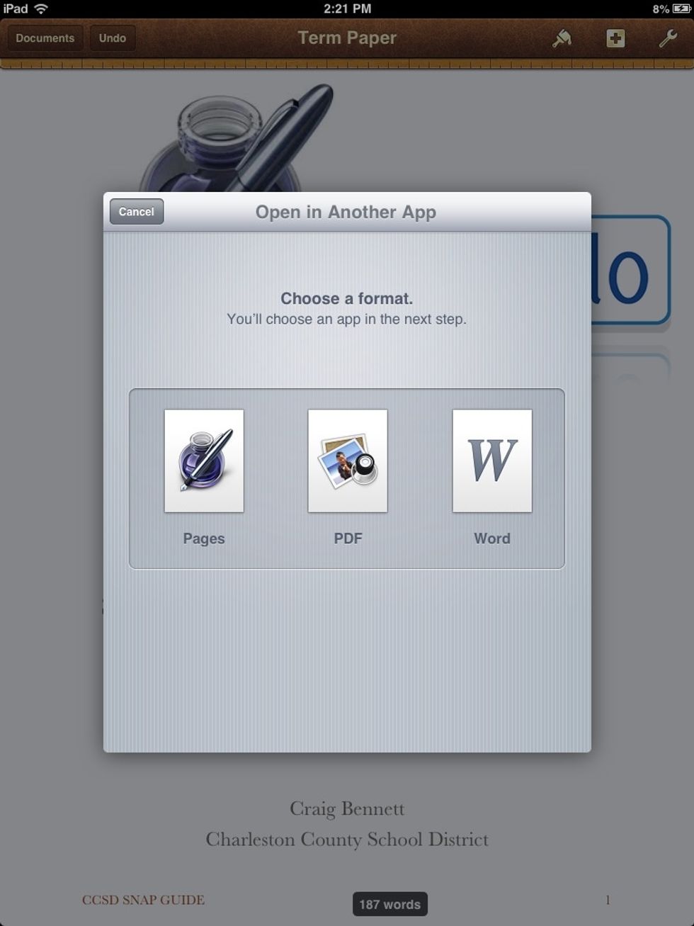 Choose a format for saving. Remember, not everyone has Pages, not everyone has Word, but most people can open PDF. Pages and Word will allow you to edit. To edit PDF you must have another App.