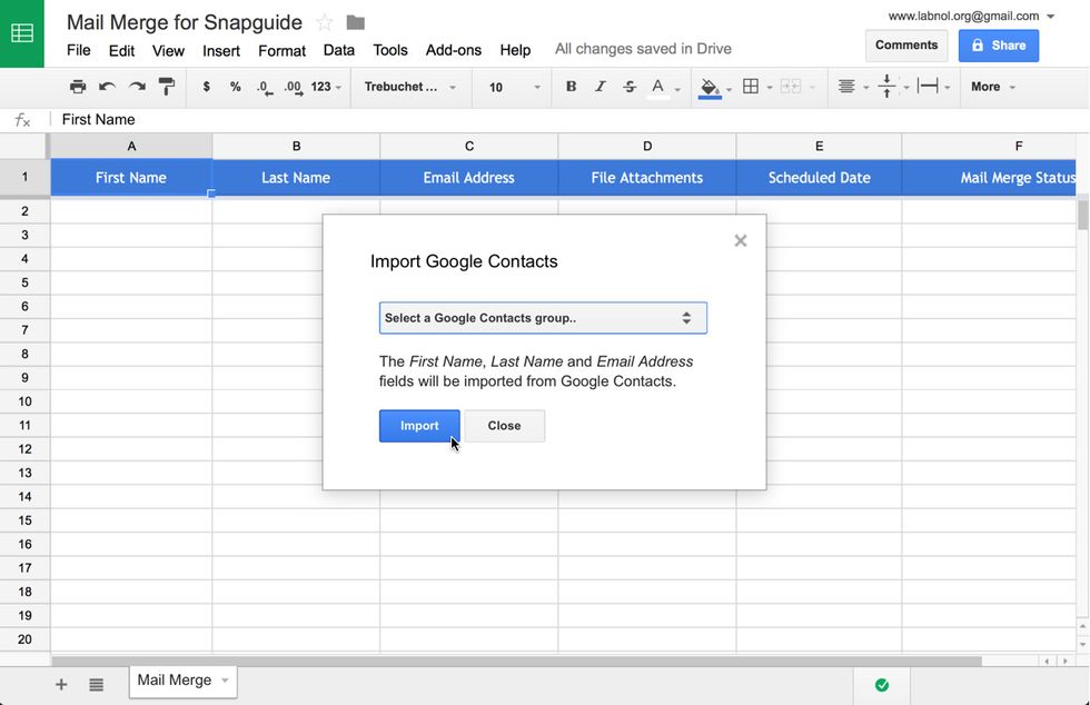 Choose a Google Contacts group from the dropdown to import contacts of that group into your current Mail merge sheet.